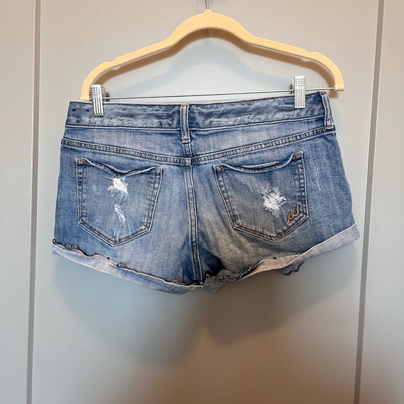 Express Low Rise Distressed Light Blue Denim Shorts - Picture 2 of 3